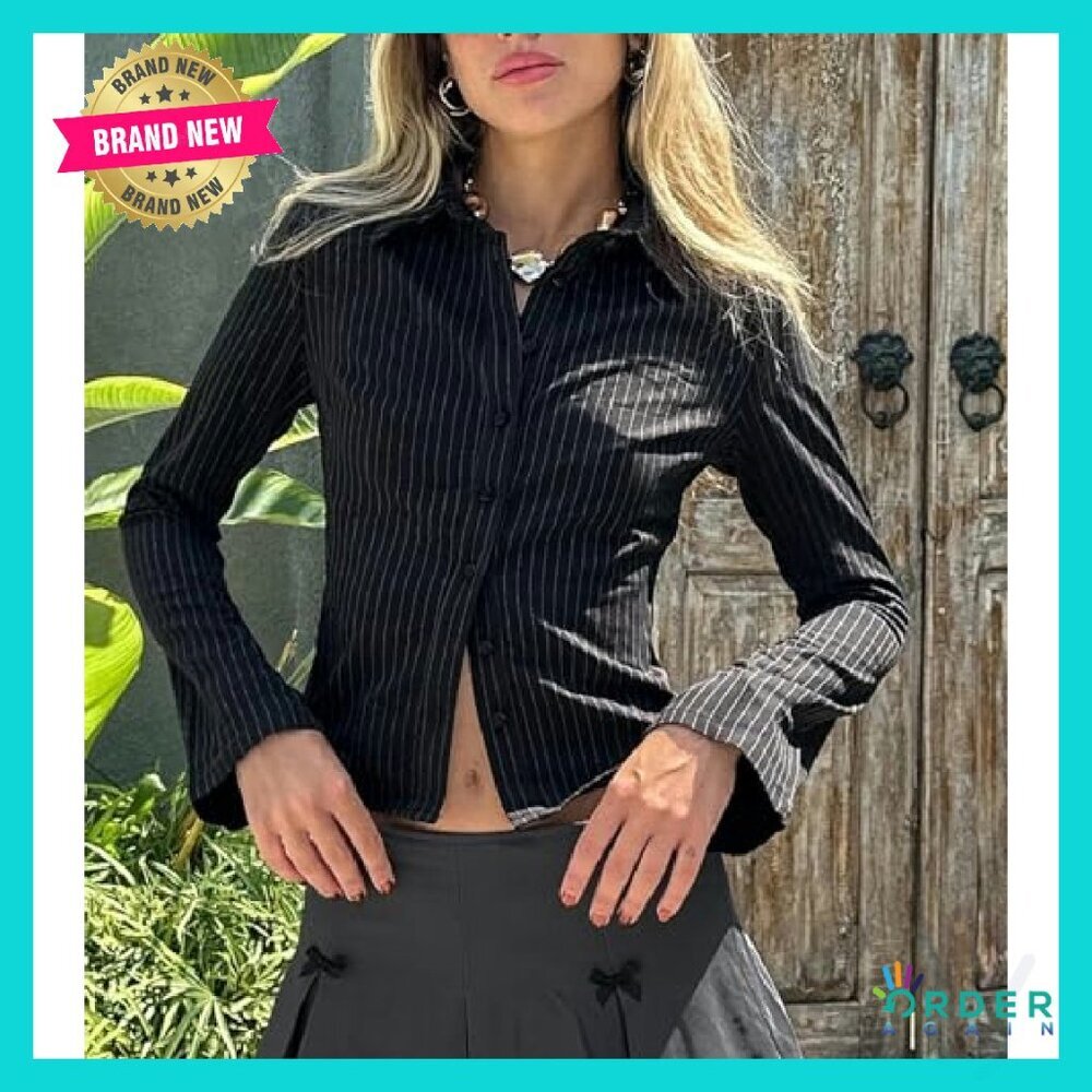 Striped Fitted Button Down Shirt Y2K Long Sleeve V Neck Collared Blouse Coquette - Picture 3 of 6